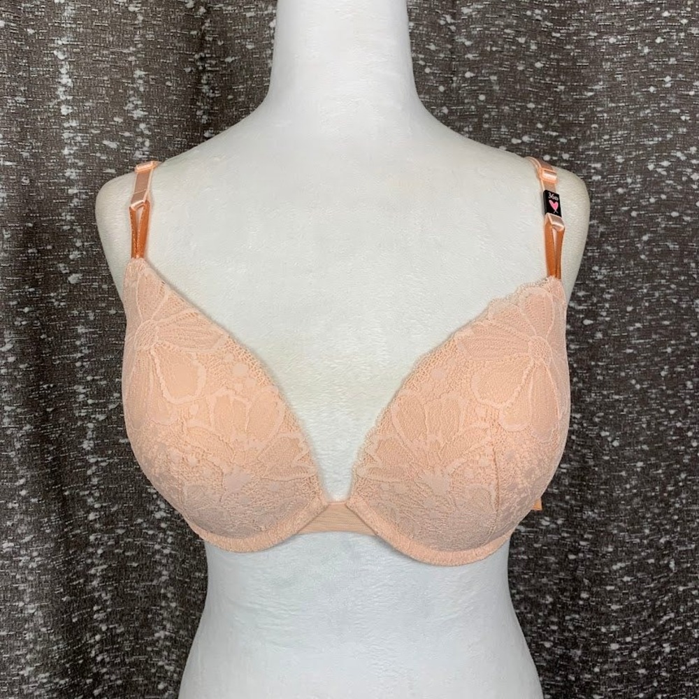 NWT Victoria's Secret Push-Up Bra Peach Floral Lace Underwire Women's 36D